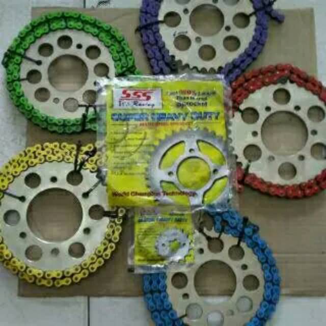 GEAR GIR SET 415 SSS SATRIA FU NEW DAN LAMA RANTAI WARNA - RANTAI & GIR - SPAREPART MOTOR