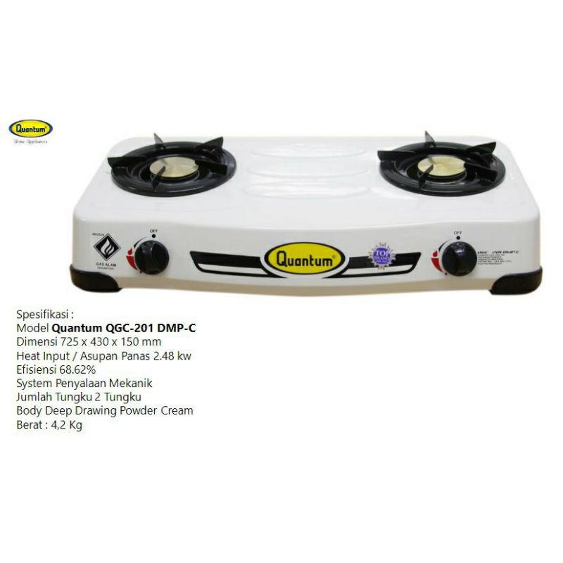 Kompor Gas 2 Tungku Quantum QGC 201 DMPC Warna Putih Burner Kuningan