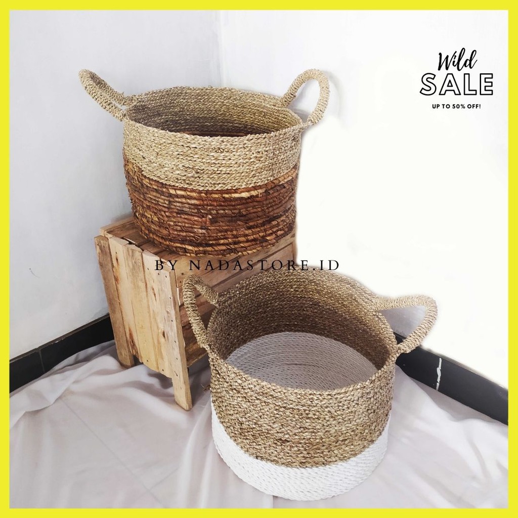 NEW ARRIVAL - Keranjang Anyaman Pelepah Pisang Kombinasi Seagrass Diameter 35 cm / Cover Pot Anyaman