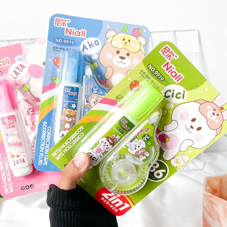 

3.3 HARGA GROSIR Tipex Set Cair kertas warna pastel correction tape 2 in 1 Tip ex Niall Correction Roll and Cair motif Lucu Imut Terbaru READY
