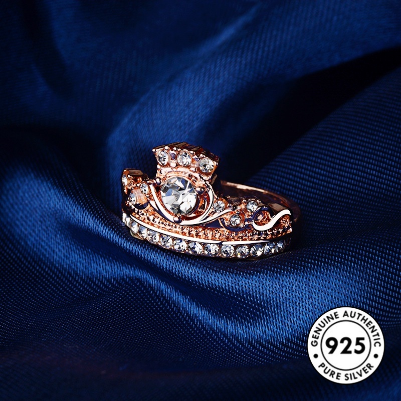 Cincin Bentuk Mahkota Aksen Berlian Bahan S925 Silver Untuk Pasangan