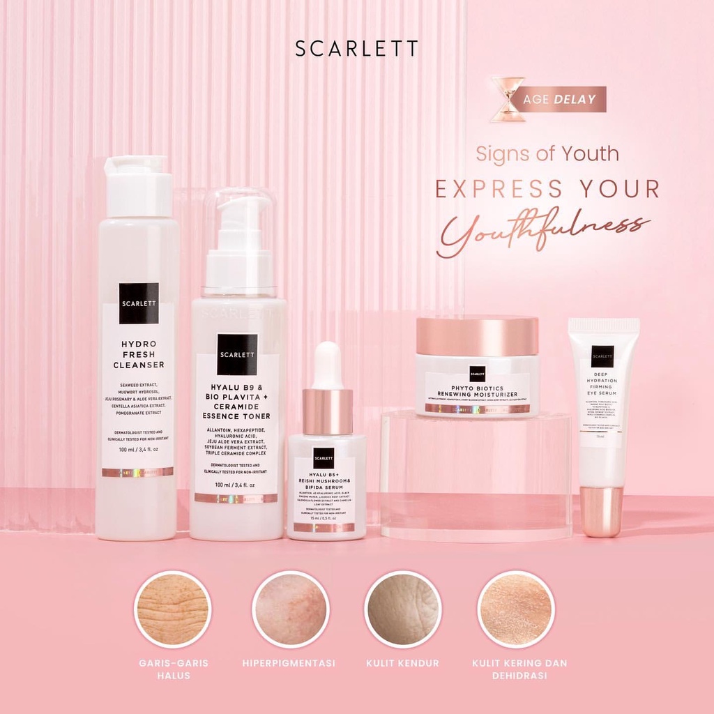 SCARLETT Whitening Age Delay Series Indonesia / Anti Aging Skincare Penuaan Dini Face Care Package Paket / Cleanser Facial Wash Essence Toner Serum Day Night Eye Cream Moisturizer Sunscreen Mask / Body Shower Scrub Lotion / Brightly Acne Set Lengkap Wajah