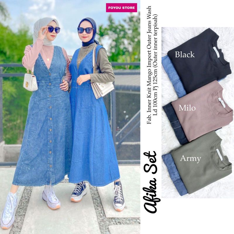 afika set by foyou store/gamis jeans wanita murah/jeans wanita/overal set inner