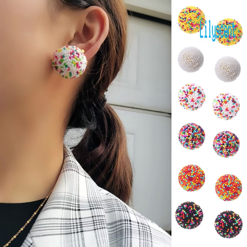 Ls 1 Pasang Anting Kait Gantung Wanita Desain Manik-Manik Bulat Mini Warna Warni Handmade