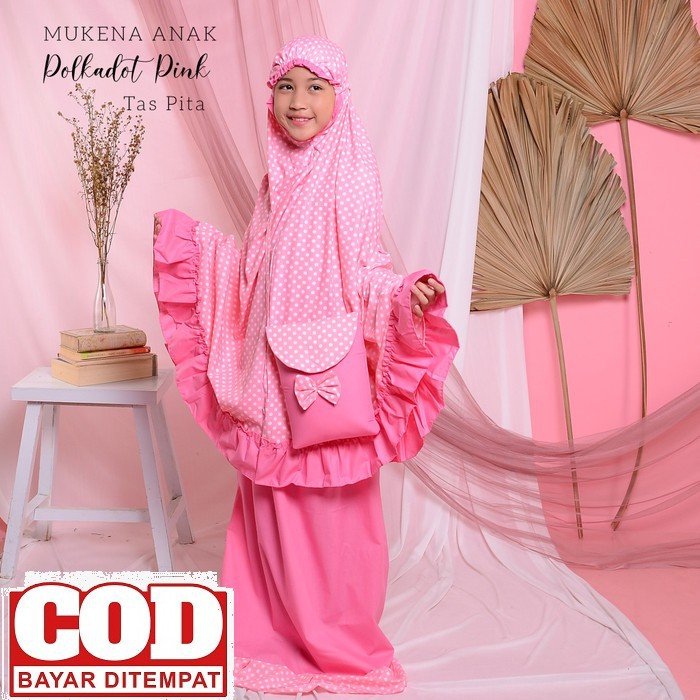 Mukena Mukenah Anak Perempuan Tanggung Karakter Renda Rayon Lebar OL866 Mukena Anak Polkadot Pink