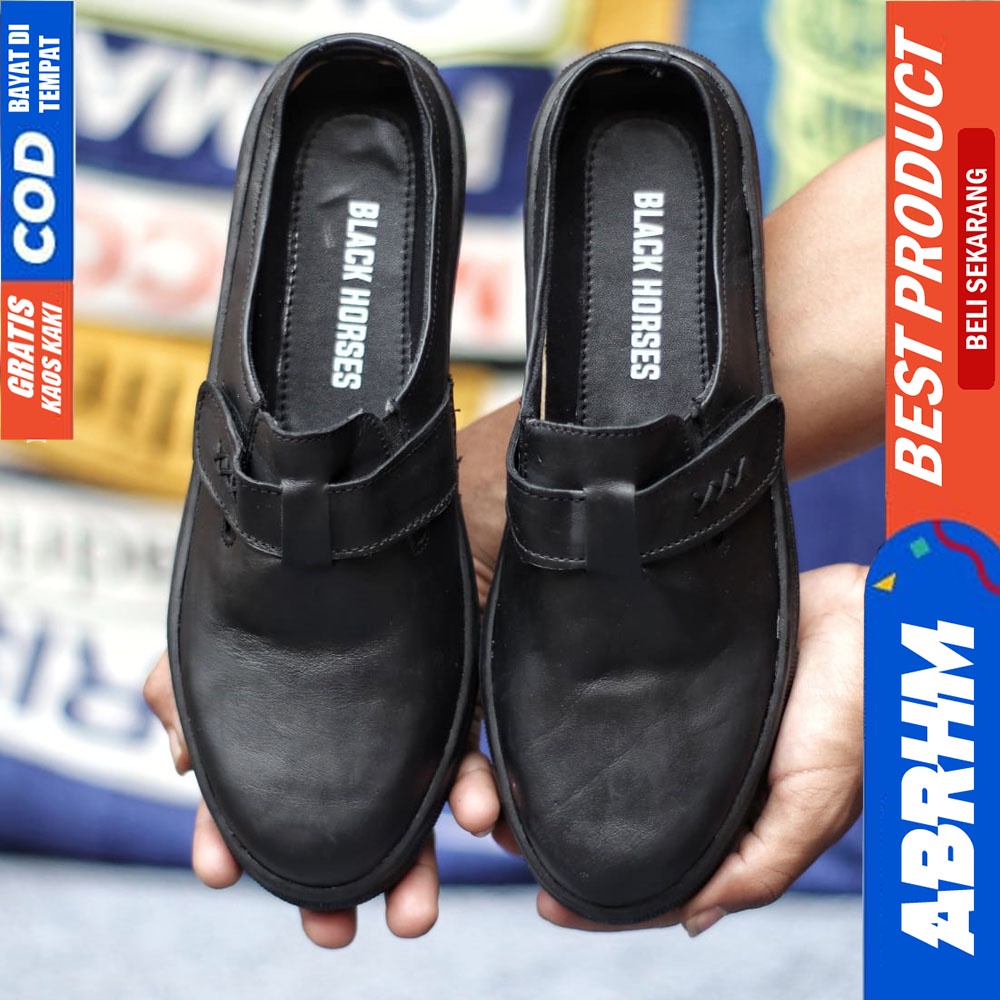 ABRHM JLOP Sepatu Sandal Casual Sneakers Kulit Bustong Tutong Pria Hitam