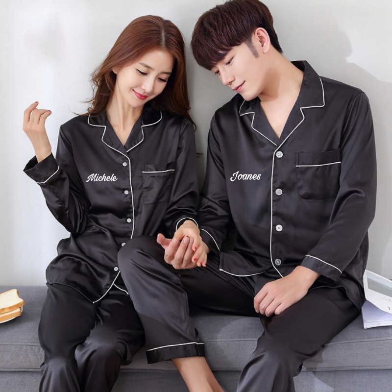 Piyama pajamas baju tidur couple custom bordir nama hadiah kado gift nikahan wedding pernikahan prewedding / untuk seserahan murah unik lucu-3