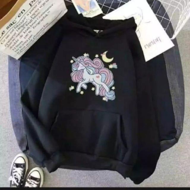 Terbaru!!! Sweater hoodie wanita unicorn/BAHAN babyterry ukuran all size-Hitam