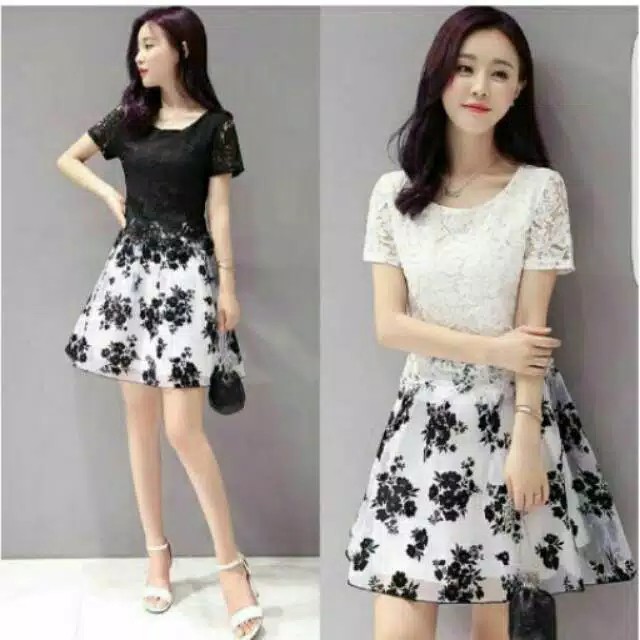 TBI Baju Casual Midi Dress Florencia Brukat Bunga Kombinasi Pakaian Wanita