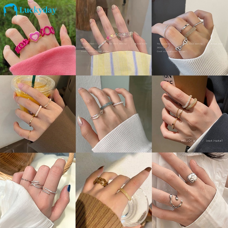 YEEZII Set Perhiasan Cincin Kristal Mutiara Resin Model Hati Putar Rongga Dapat Disesuaikan Untuk Wanita