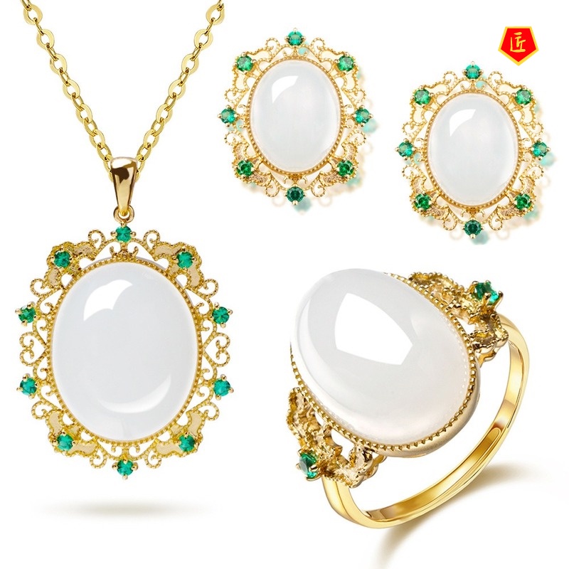 [Ready Stock]New Ear Studs White Jade Pendant Open Ring Set for Women