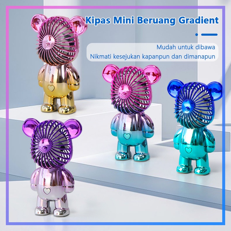 ALOBON Kipas Angin Mini Portable Karakter Bearbrick Meja USB Cas 3 Pengaturan Kecepatan Bentuk Beruang Alas Anti Selip Bagian Bawah