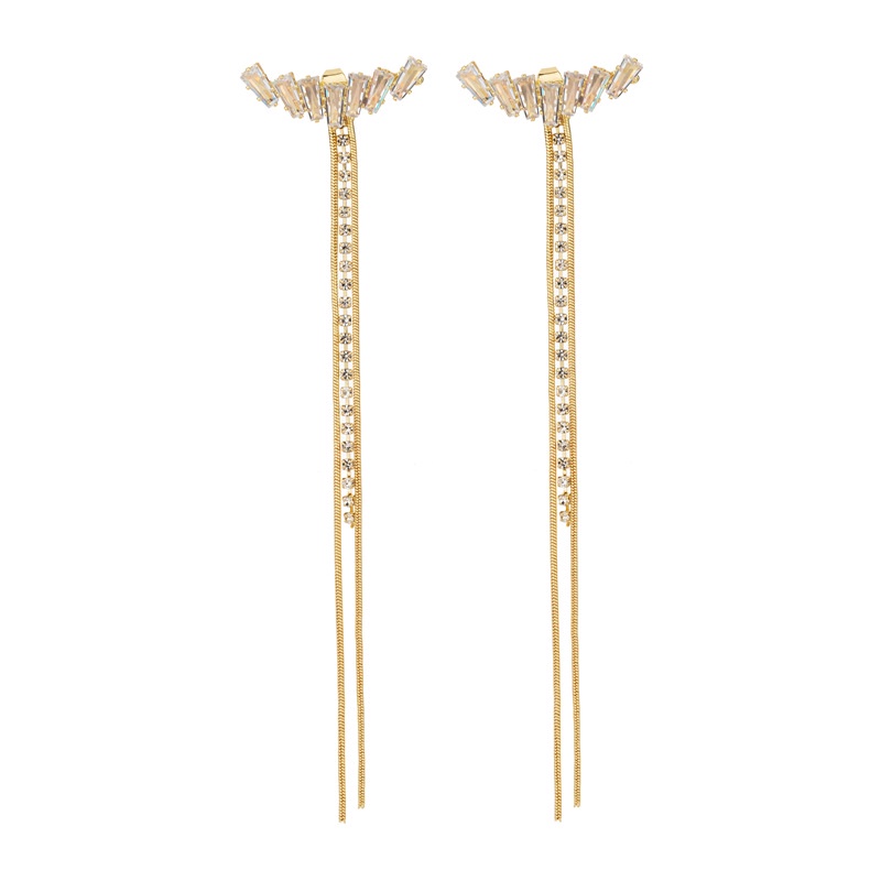 Gold and silver two detachable long three-tassel rhinestone earrings