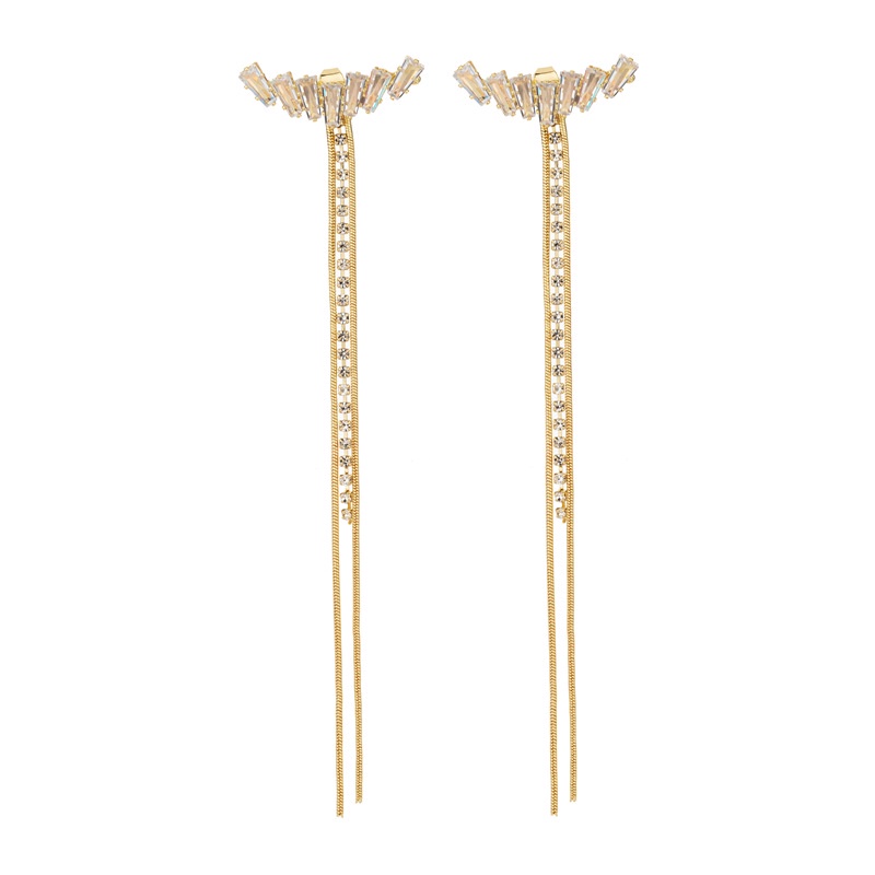 Gold and silver two detachable long three-tassel rhinestone earrings