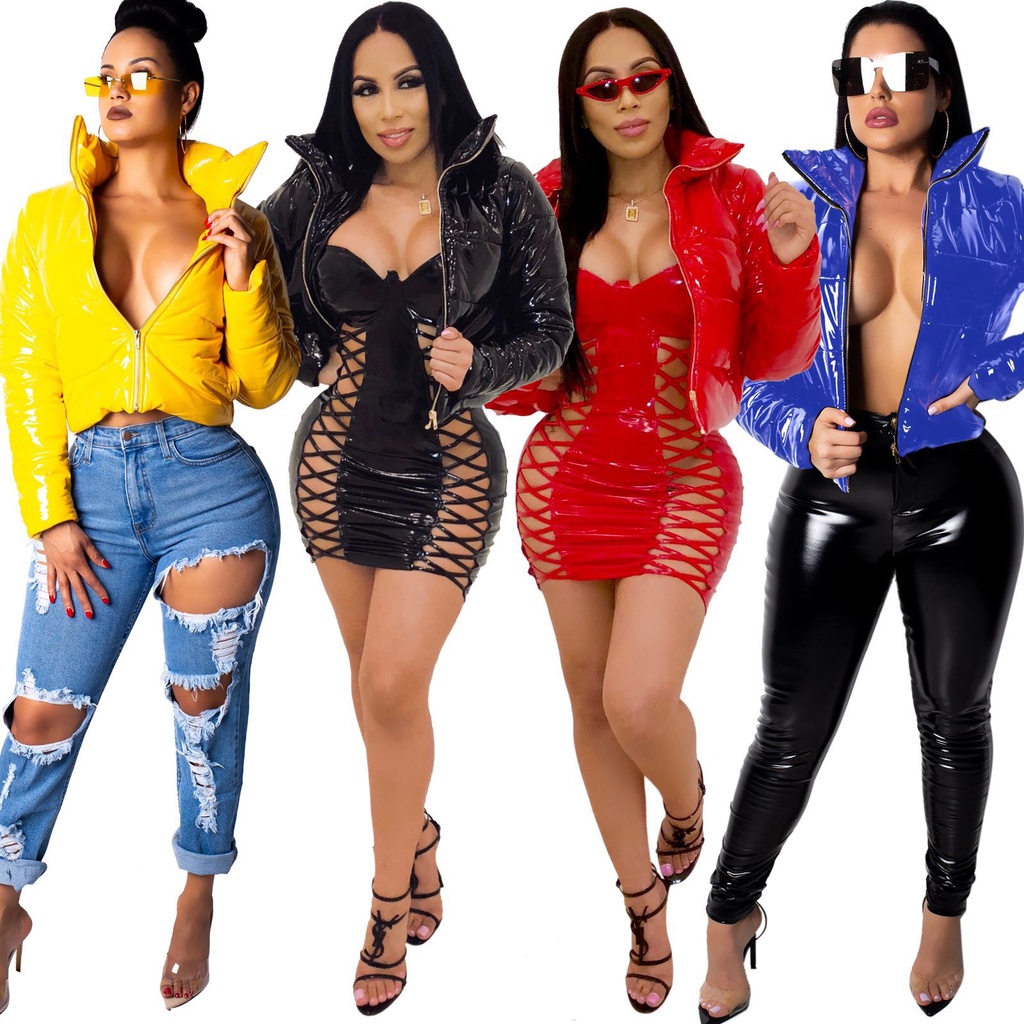 Uj4524      Wanita    Glossy PU Kulit Roti Mantel Jaket padded Katun Jaket