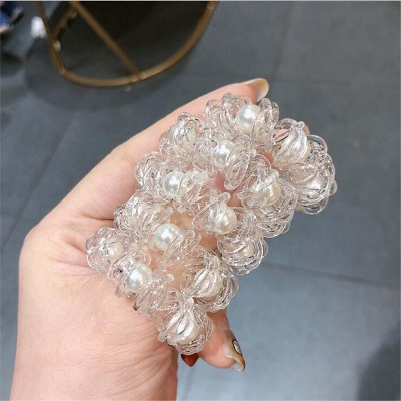 [ACKER] Gaya Korea Transparan Spiral Ikat Rambut Mutiara Rubber Band Untuk Wanita