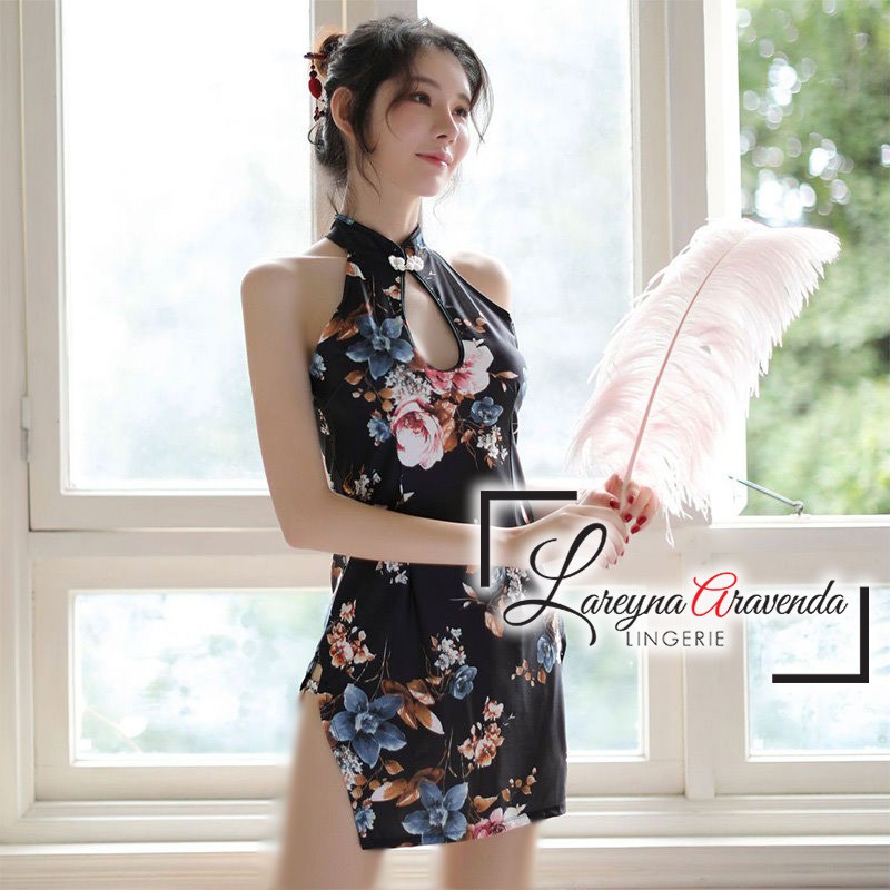 Set Lingerie + G String Seksi Fit M/L/XL/XXL Model Costume Cheongsam Flower LG330