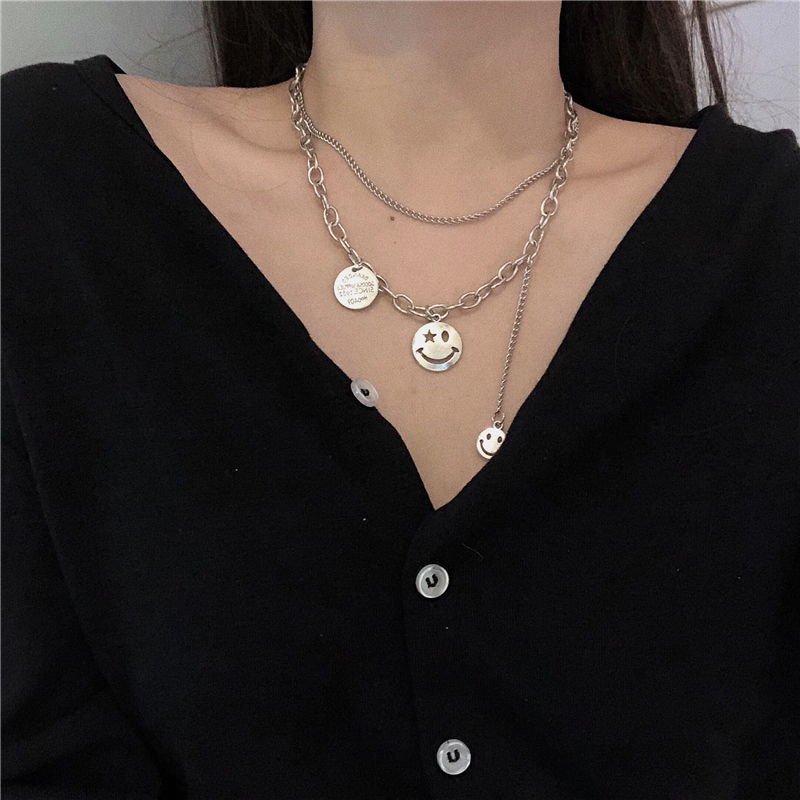 Hip-hop Personality Double Smiley Face Pendant Necklace for Women Girl Temperament Sweater Chain Neck Jewelry
