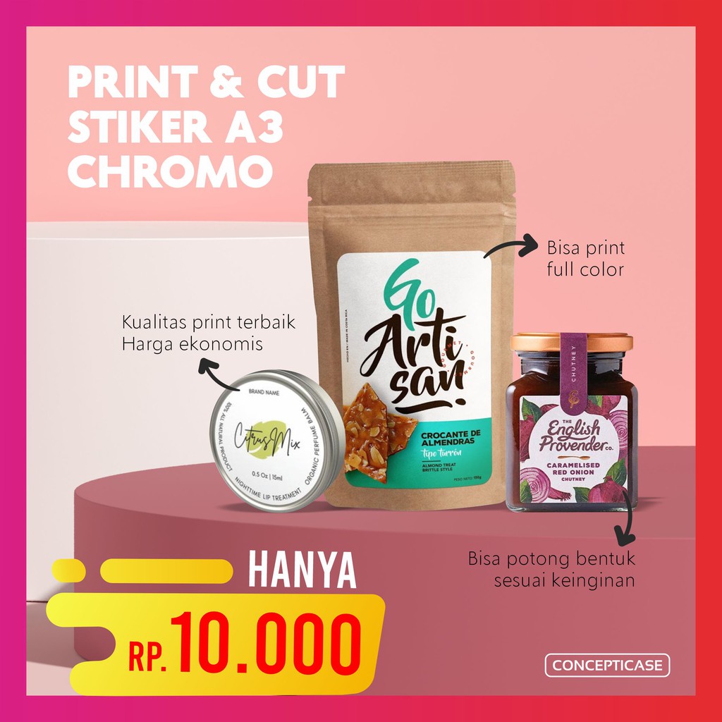 

CETAK STIKER LABEL KEMASAN, LABEL MAKANAN A3 CHROMO + CUTING (MURAH MINIMAL ORDER 6 LEMBAR)
