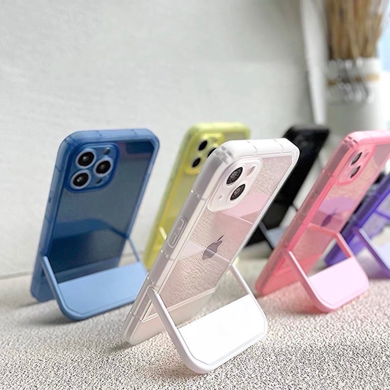 Stool Bracket Phone Stand SQUARE EDGE Bumper Case untuk iPhone 7 8 PLUS X XR XS 11 12 13 PRO MAX