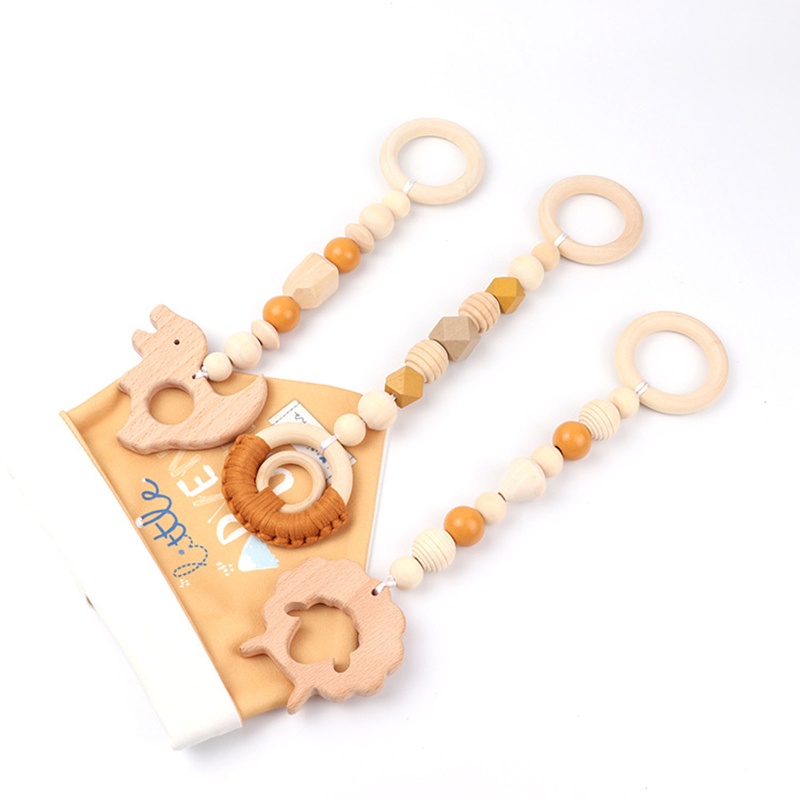 Mary 3pcs / Set Mainan Rattle + Teether + Ring Kayu Motif Kartun Hewan Domba / Dinosaurus Untuk Bayi / Stroller