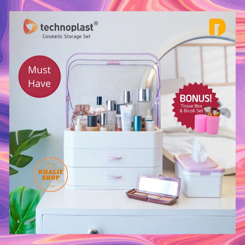 Rak Kosmetik Organizer Serbaguna Technoplast Tutup Transparan Depan Belakang 2 Laci Simpan Makeup Me