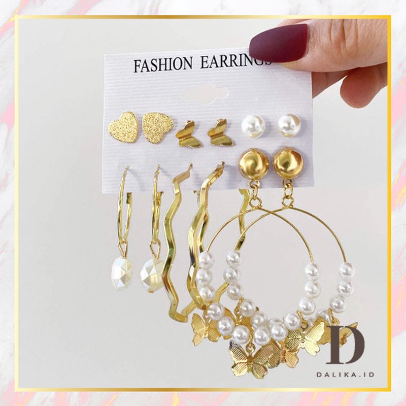 Anting Set Tusuk Mutiara 6 Set Korea Hoop Mutiara untuk Wanita Dalika