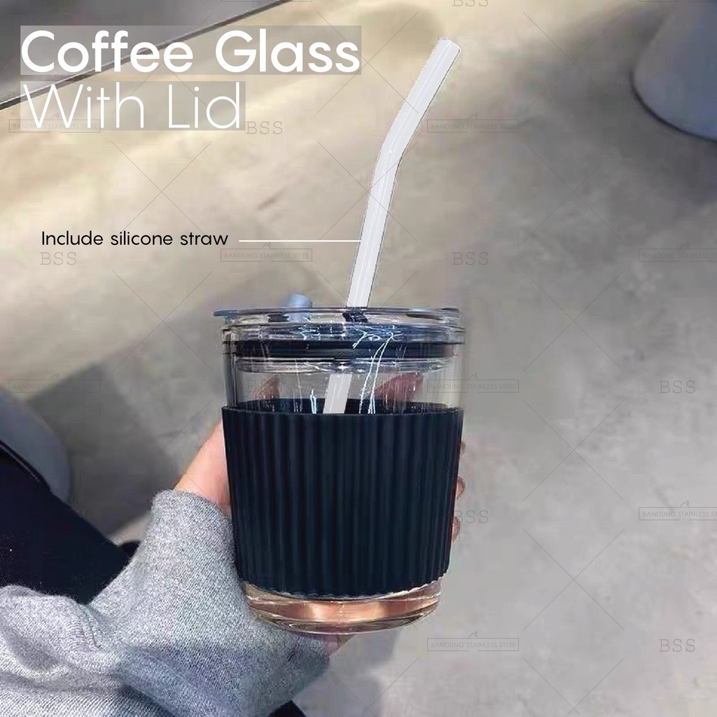 Gelas Minum Kopi Tumbler 350ml Anti Panas Kaca Glass Dengan Sedotan Silikon Simple Elegan Milk Cup