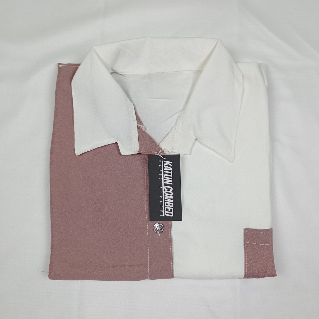 Kemeja Wanita Atasan Blouse Casual Polos Kombinasi Warna Lengan Panjang Model Pinguin Bahan Moscrepe-5