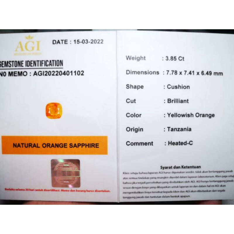 NATURAL ORANGE SAPPHIRE CORUNDUM MEMO AGI GEMS LAB