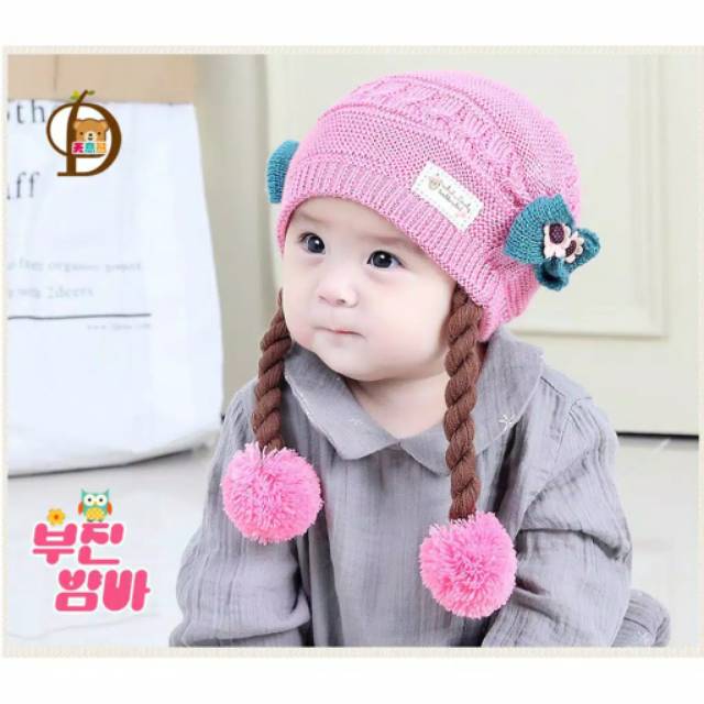 LKm027 TOPI RAJUT KEPANG DUA POMPOM / KUPLUK BAYI KEPANG-3