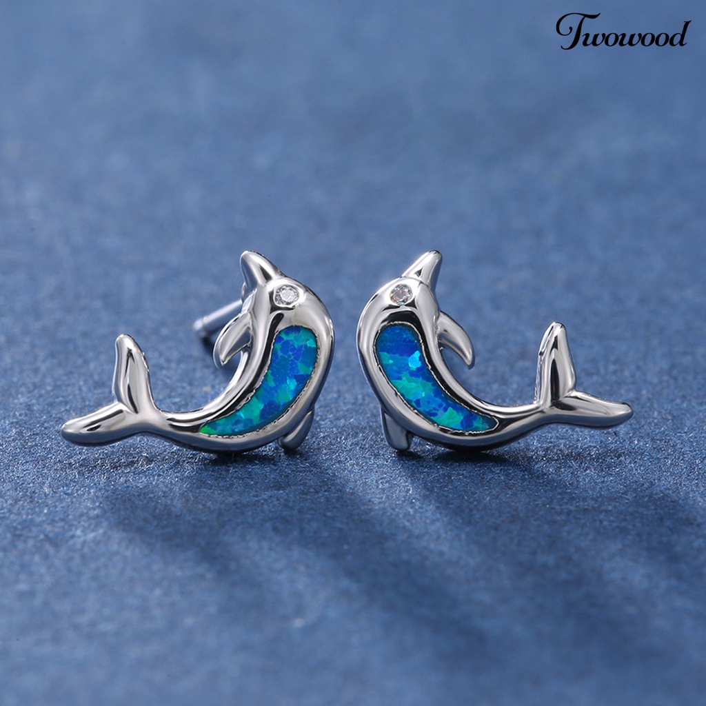 Twowood 1 Pair Lady Ear Studs Dolphin Shape Colored Faux Stone Jewelry Lightweight Cute Animal Stud Earrings for Dating