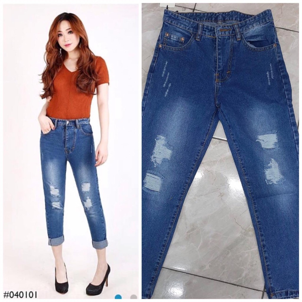 mom jeans boyfriend jeans biru jeans wanita ripped sobek dengan furing tidak tembus hijab friendly
