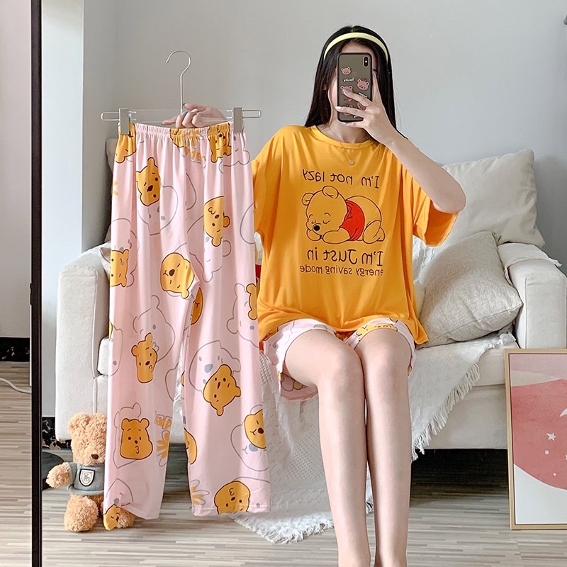 JC- Stelan Oversize 3in1 Import / Piyama 3in1 / Piyama Korea wanita terbaru Murah-3in1 SleepPooh Yelow