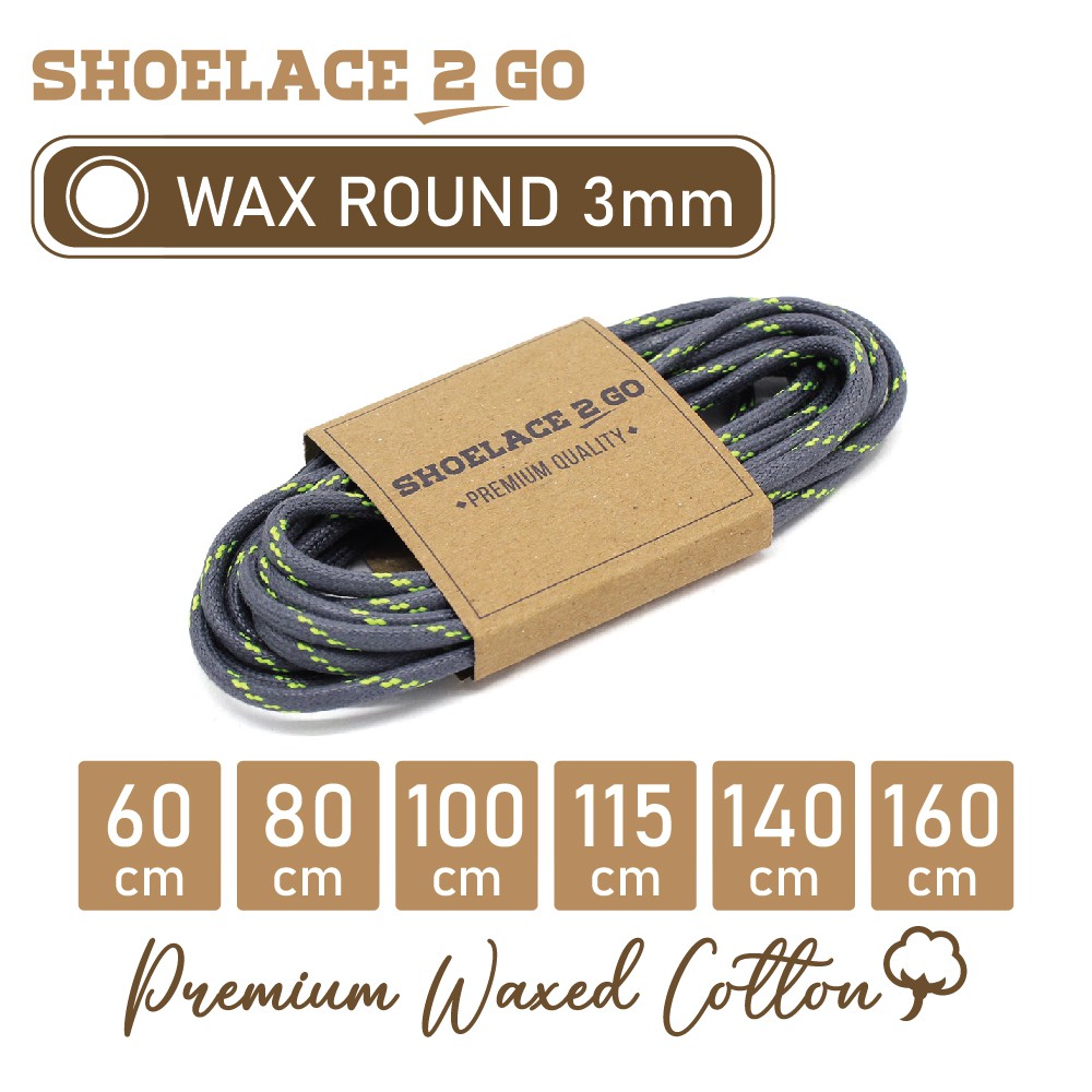 SHOELACE 2 GO PREMIUM TALI SEPATU LILIN WAX BULAT ROUND - WR3 - M3 - GREY &amp; LIME STRIPE - 3MM