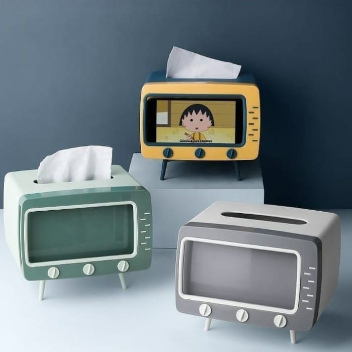 Kotak Tissue Box Organizer Bentuk TV Tempat Tisu + Stand Phone Holder / Home Office Décor