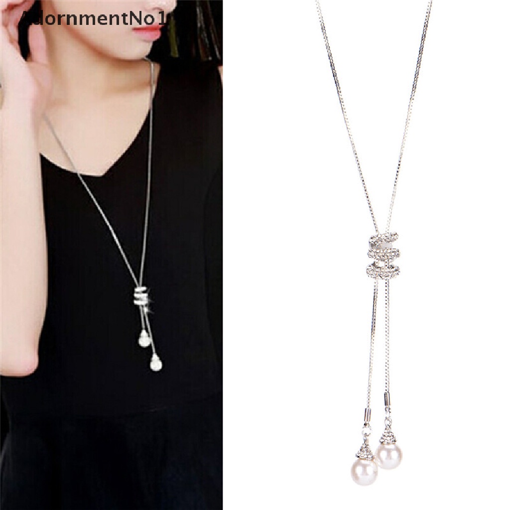 (AdornmentNo1) Kalung Rantai Panjang Dengan Liontin Mutiara + Berlian Imitasi Untuk Wanita