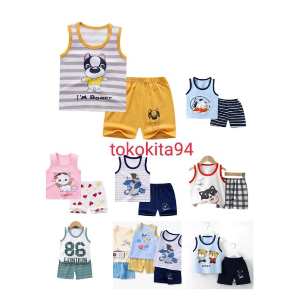 Setelan Singlet Anak  Import Laki Perempuan Motif Kartun - 1Set Singlet Anak Usia 6 Bulan sampai 4 Tahun - Setelan Anak Atas Bawah Korean Style Bahan Adem - Setelan Baju Anak Import