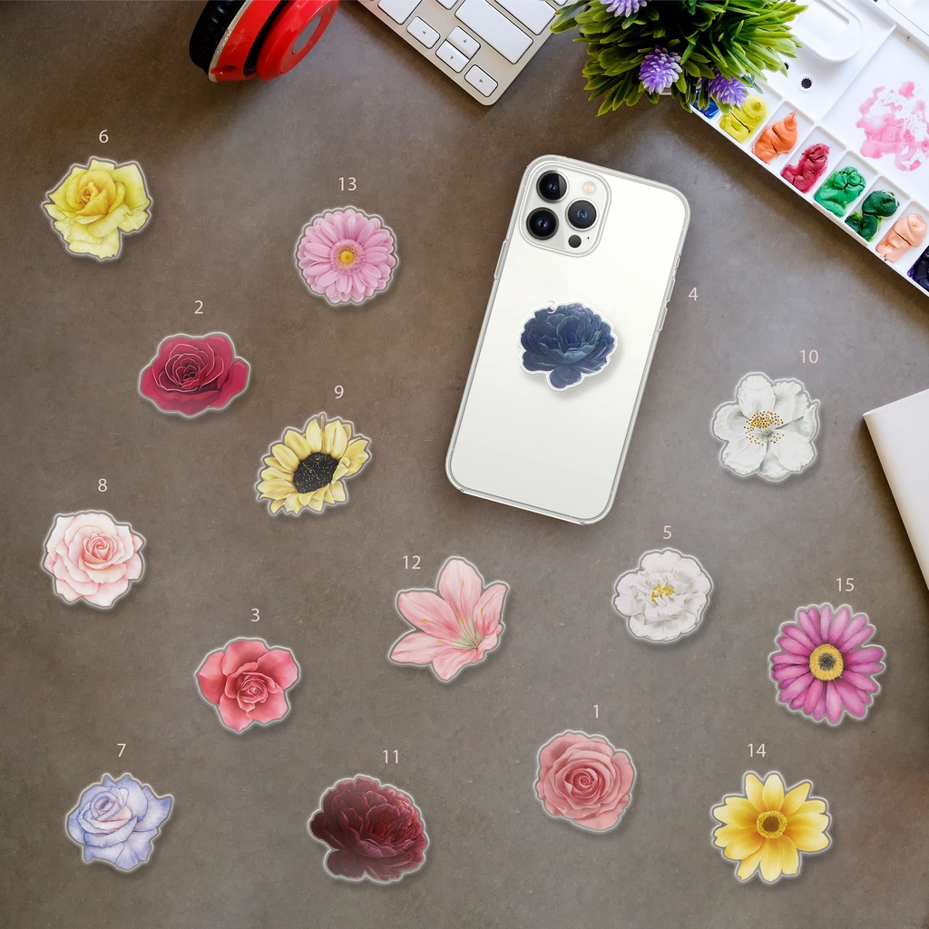 [popsocket] grip kaca akrilik 2d acrylic bunga flower floral rose mawar peony daisy
