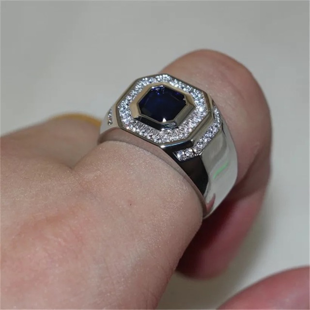 Cincin Pria Perak Elegan Minimalis Blue Saphire Batu Safir Biru