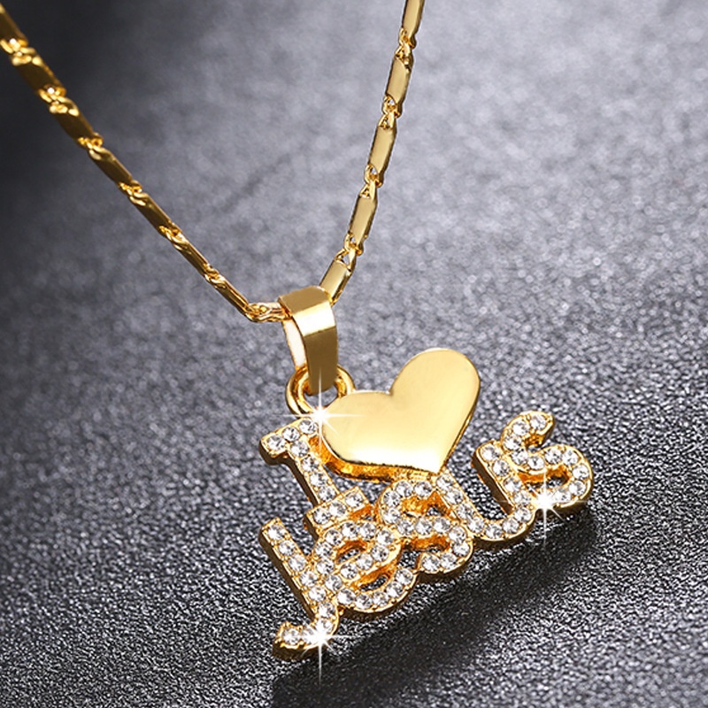 Kalung Rantai Liontin Hati + Huruf I Love Jesus Hias Zircon Untuk Wanita