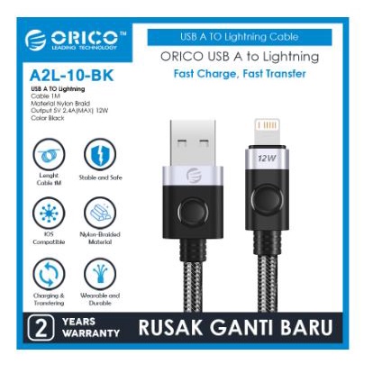 Cable charger Usb A to lightning orico 1m 100cm 12w 2.4A 480Mbps fast charging aluminum braided A2L-10 - Kabel data iphone ipad 1 meter