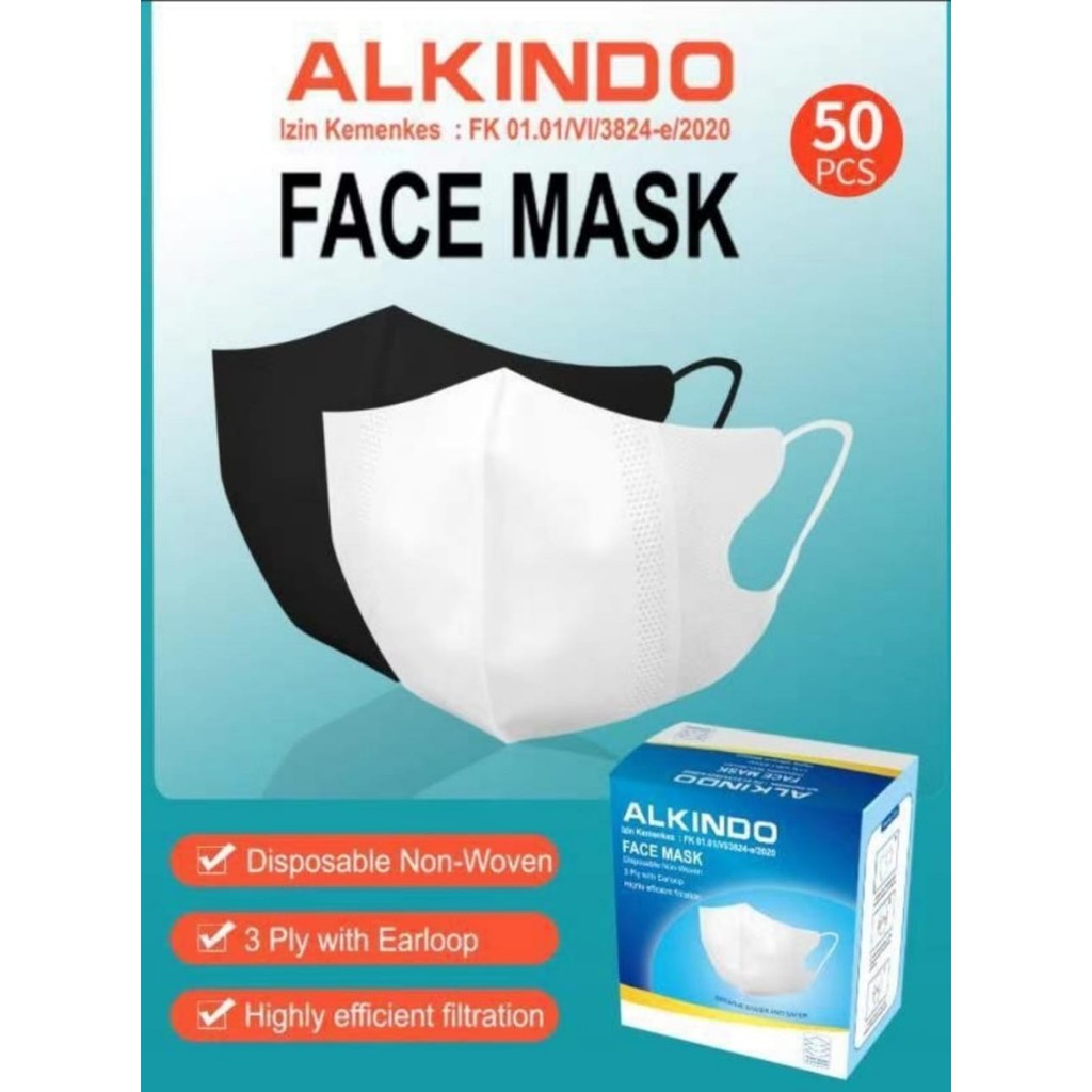 Masker DUCKBILL ALKINDO Putih Hitam 3 Ply Earloop Premium High Quality Per Box Isi 50pcs