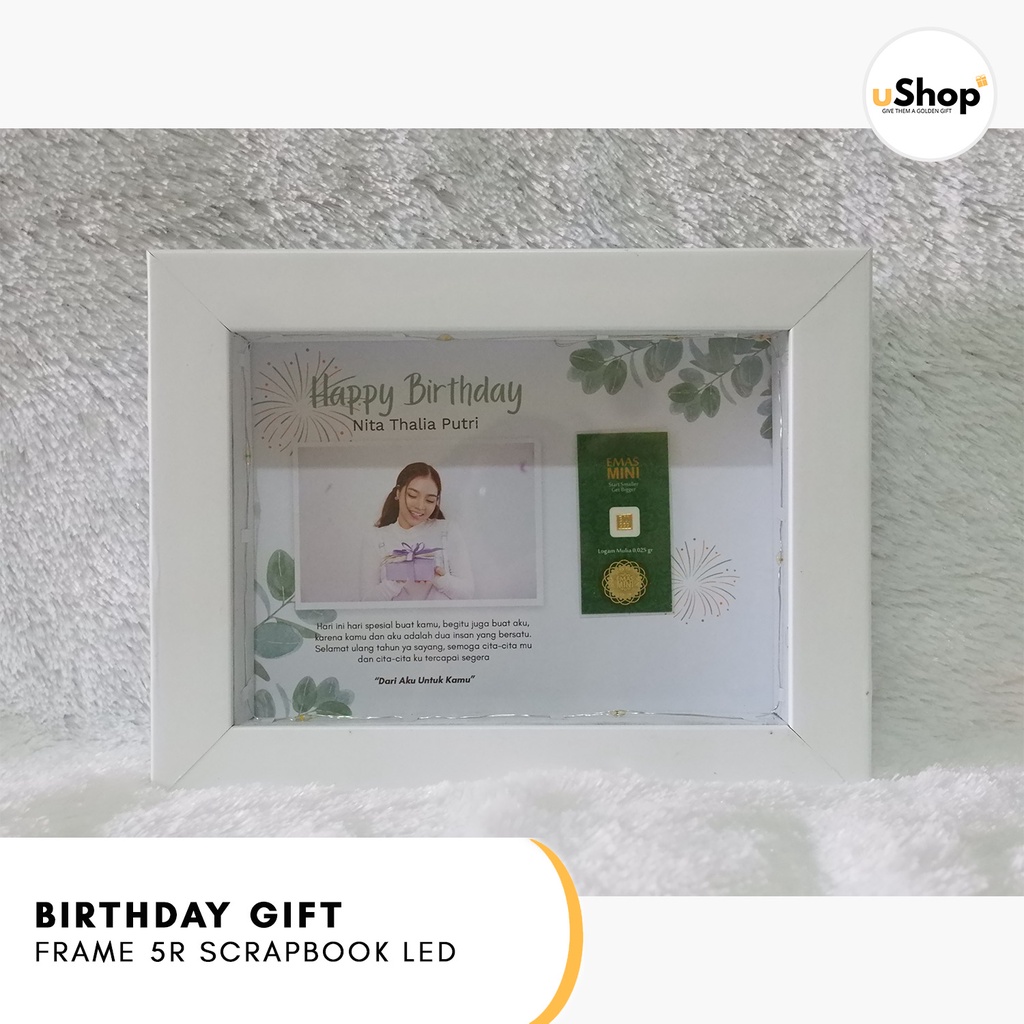 Birthday Gift Frame 5R Scrapbook LED Kado Ulang Tahun Kado Anniversary Logam Mulia Emas Mini