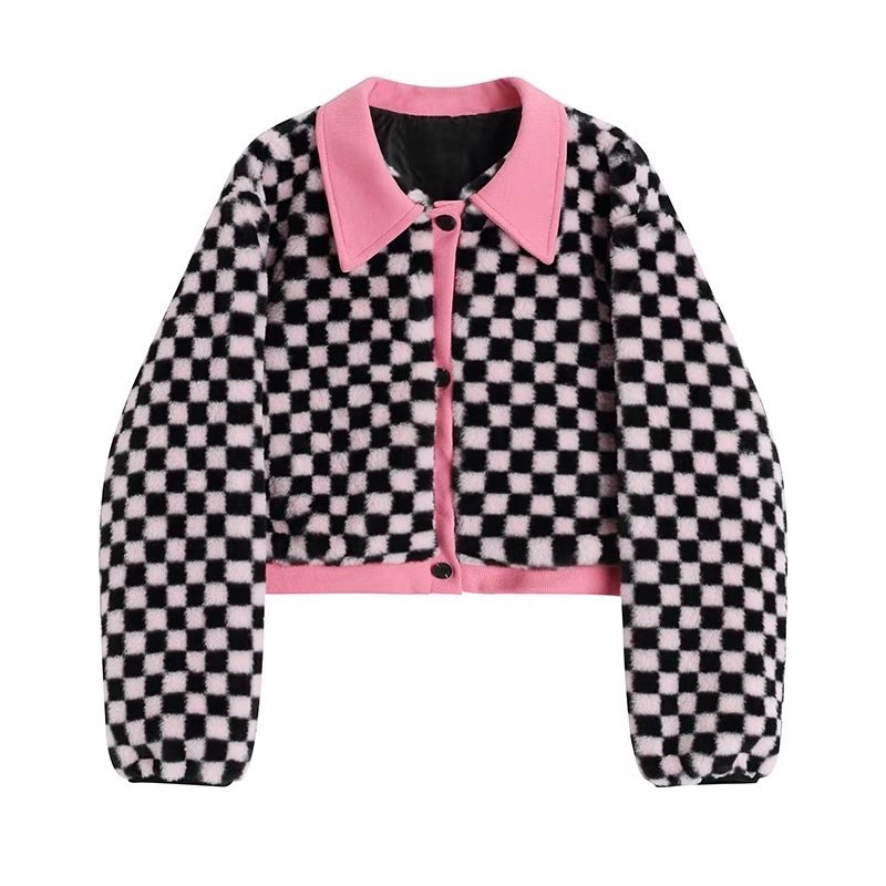 [ready stock] minji checkered crop top outer | cardigan sweater bulu kotak kotak unik aesthetic gaya korea