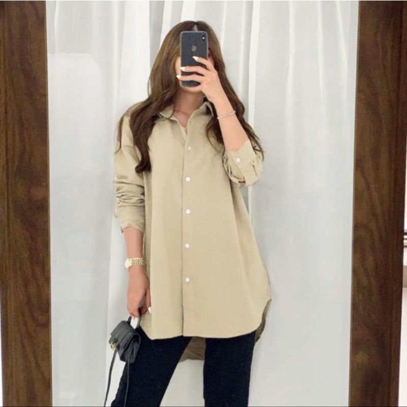 Atasan Kemeja Linen Wanita Oversize Pocket - Kemeja Basic Wanita