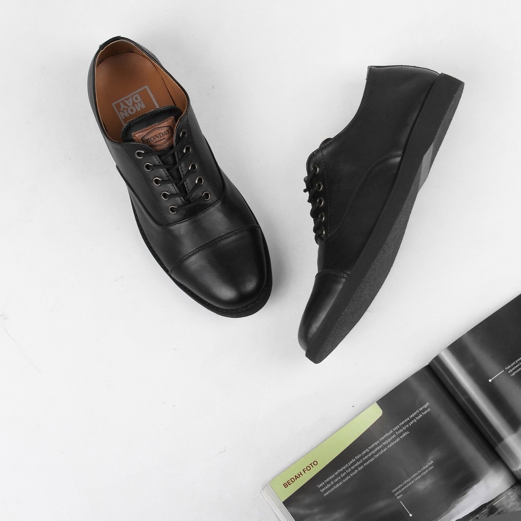 Oxford Full Black (Original Monday) - Sepatu Pantofel Pria Formal Kulit Kantor Kerja Casual Kasual pantopel Oxford Pria Cowok Original