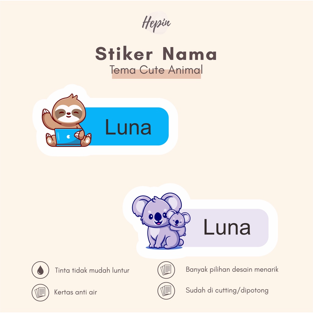 

(90 - 120 pcs) Murah Stiker nama CUTE ANIMAL / Stiker Nama Anak Murah / Label Nama Custom waterproff