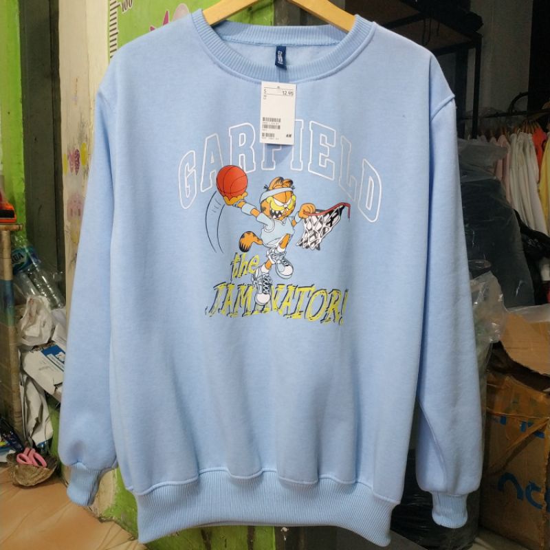 Crewneck Sweater Hnm Garfield The Jaminator Biru H&amp;M Blue Wanita Cewek Pria Free Paper Bag