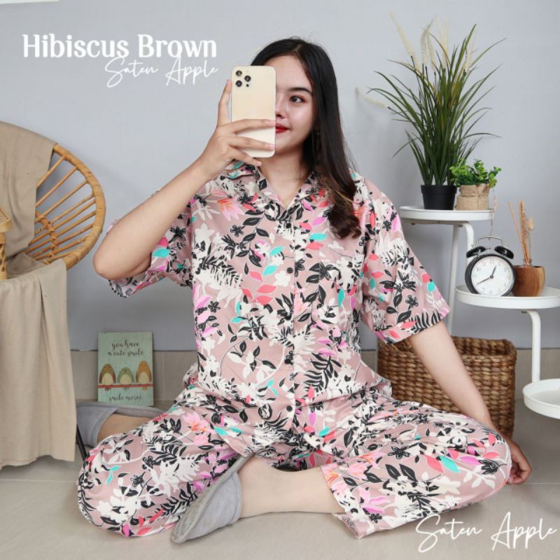 Baju Tidur Piyama Wanita Dewasa Piyama Baju Santai Motif Bunga-Hibiscus brown